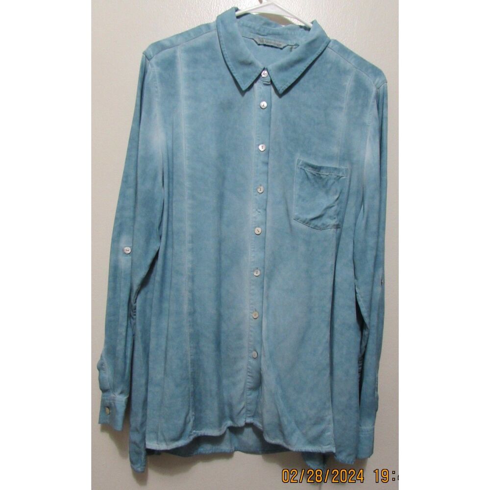 SOFT SURROUNDINGS CHAMBRAY LONG SLEEVE BLOUSE TOP BLUE SIZE XL ROLL TAB SLEEVES